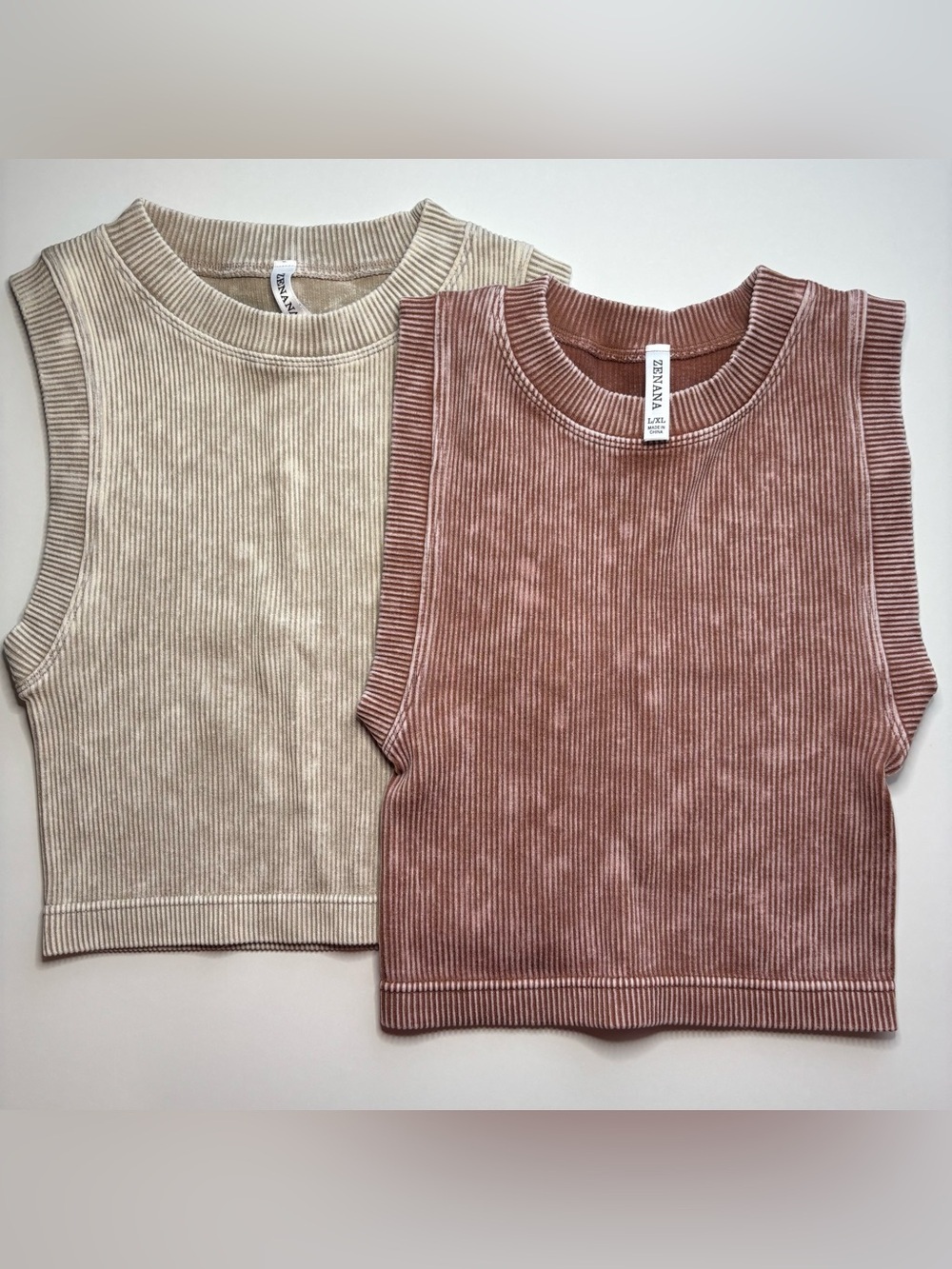 Zenana Set of 2 Stone Washed Ribbed Seamless Crop Tanks L/XL New